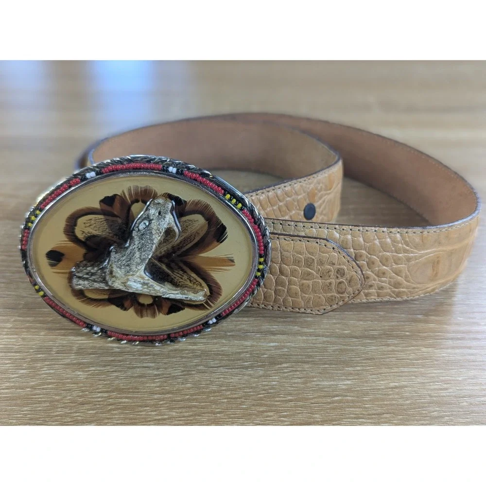 Vintage Tony Lama Hand Tooled Leather Belt Real Rattlesnake Taxidermy Buckle USA